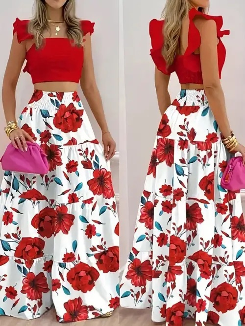 Floral Tiered Maxi Skirt in White with Red Blossom Print